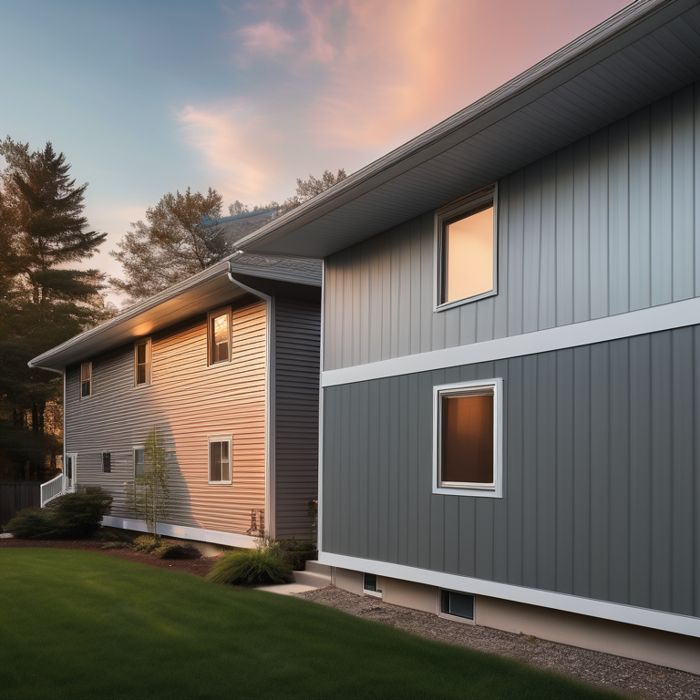 A house divided, displaying aluminum siding and vinyl siding under a sunset.
